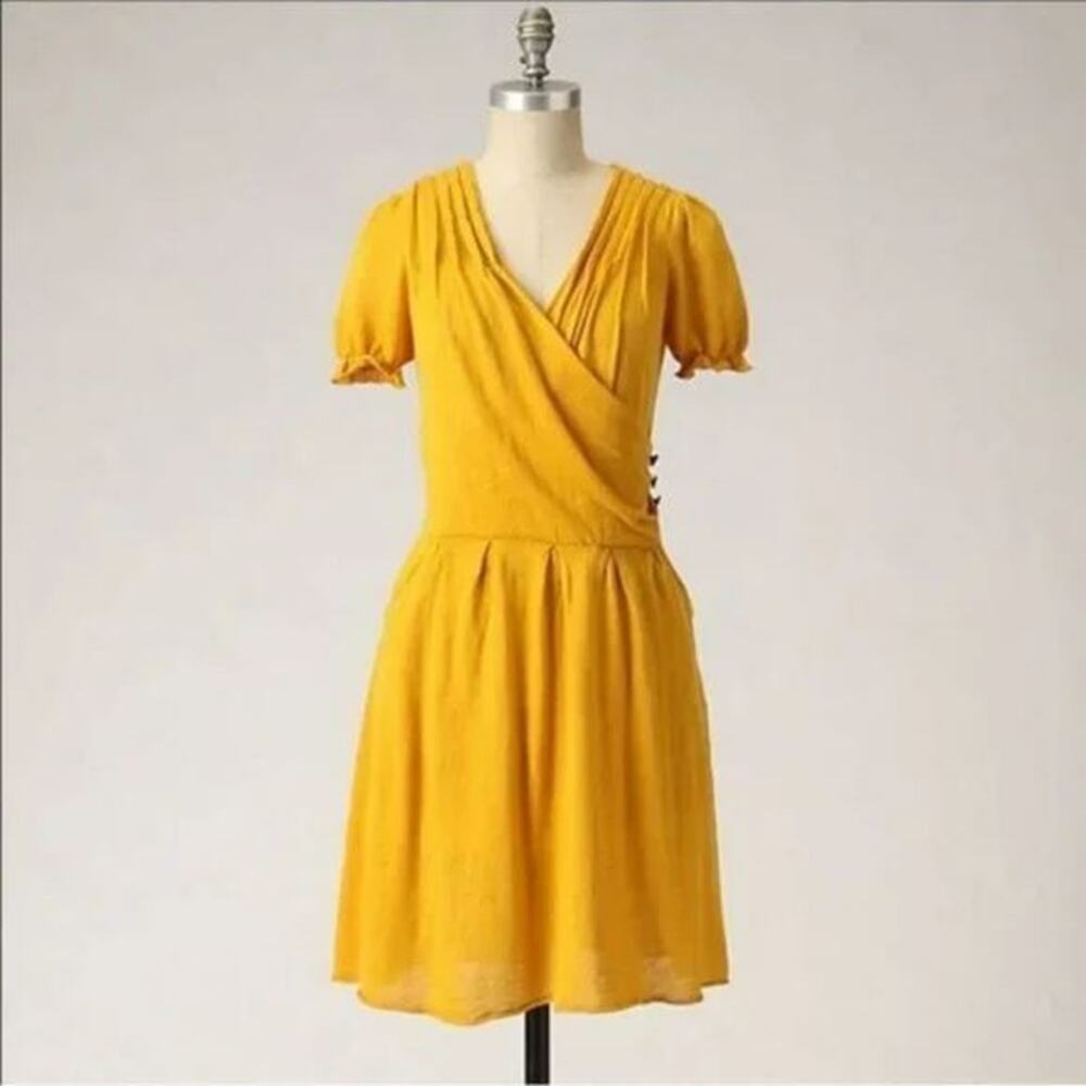 Anthropologie Moth Plum Linen & Cotton Faux V-Neck Wrap Side Button Detail Dress